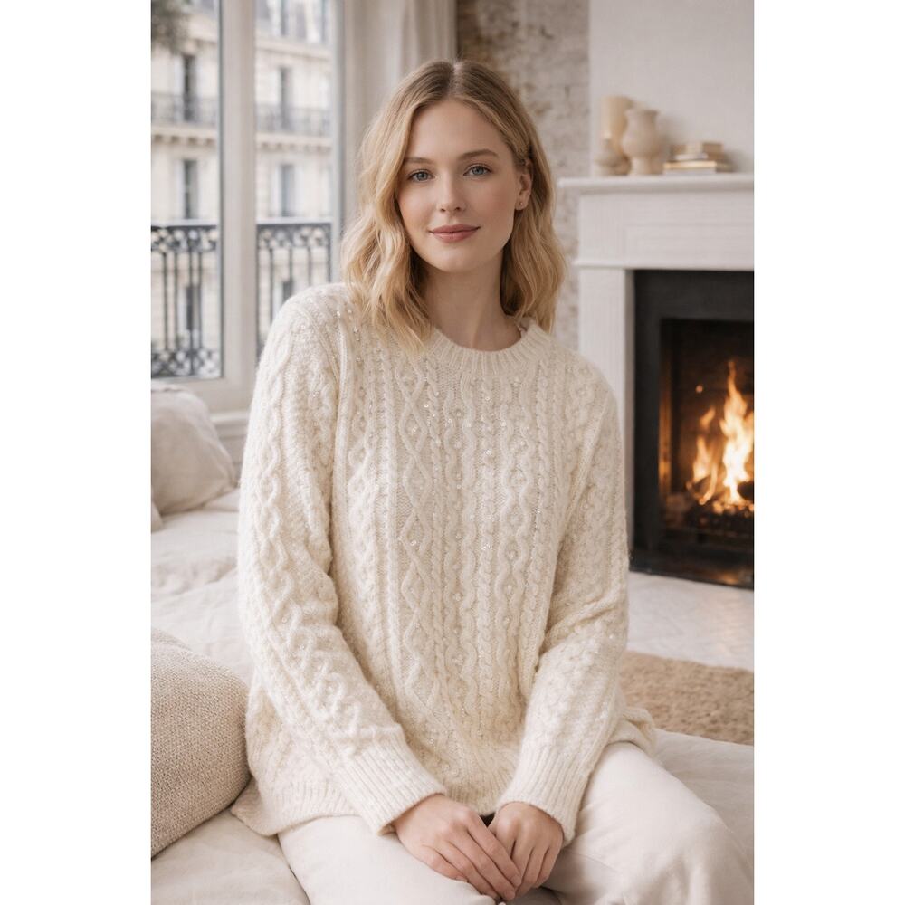 Gap Cream Cable Knit Sequin Sweaterโ XL Chunky Fisherman Pullover